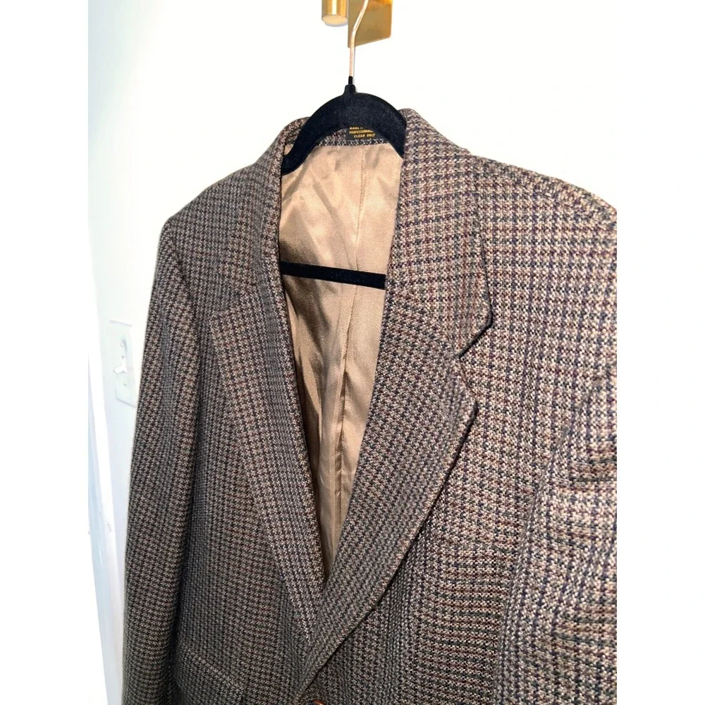Oscar de la Renta Blazer 100% Wool Academia Houndstooth Sport Coat Brown Tan 41R
